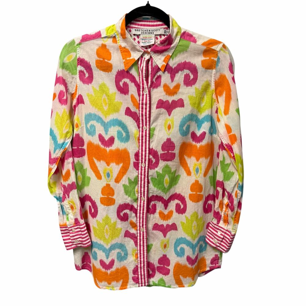 Gretchen Scott Pure Cotton Long Sleeve Button Up Multicolor Neon Ikat Print XS
